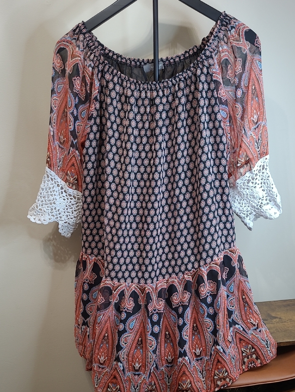 Umgee Colorful Paisley Print Off the Shoulder Dress / Crochet Trim Sleeves (S)